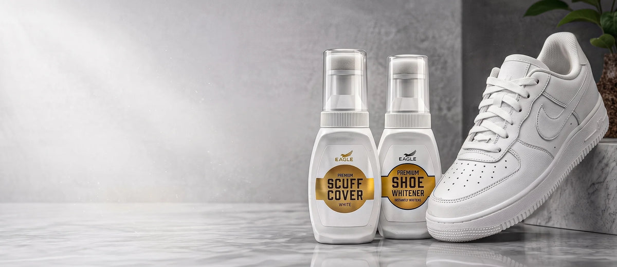 Eagle Scuff Cover and Shoe Whitener bottles beside a white sneaker