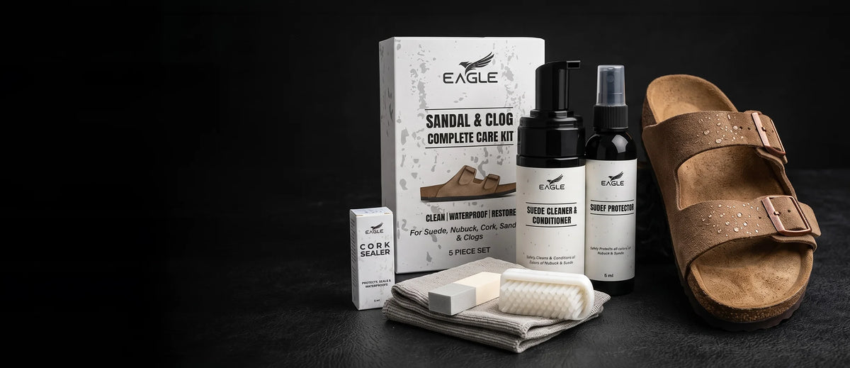 Eagle Sandal and Clog Complete Care Kit with suede cleaner, protector, cork sealer and brush beside a suede sandal
