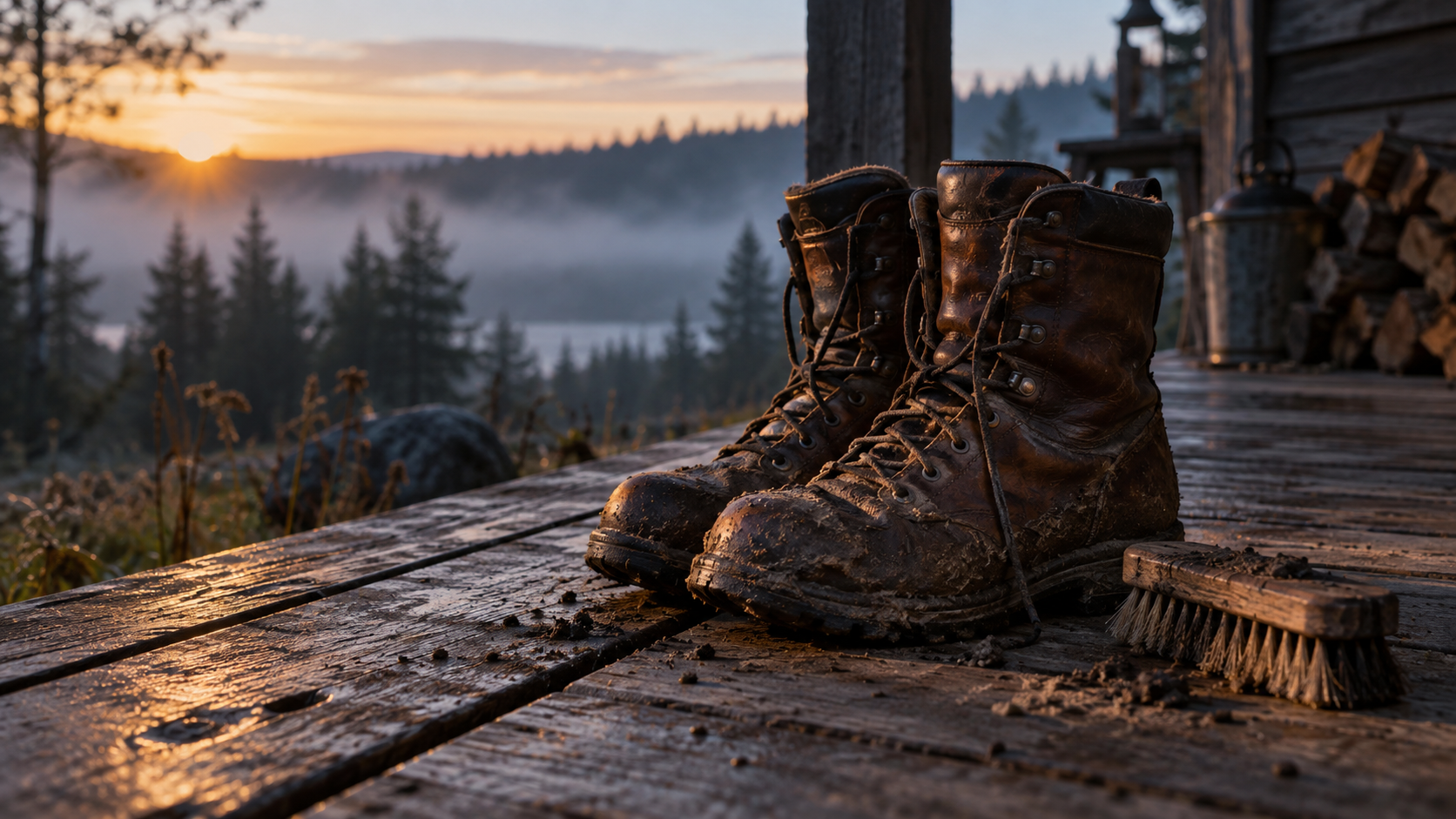 Muddy leather hunting boots on a porch at dawn with a stiff brush beside them