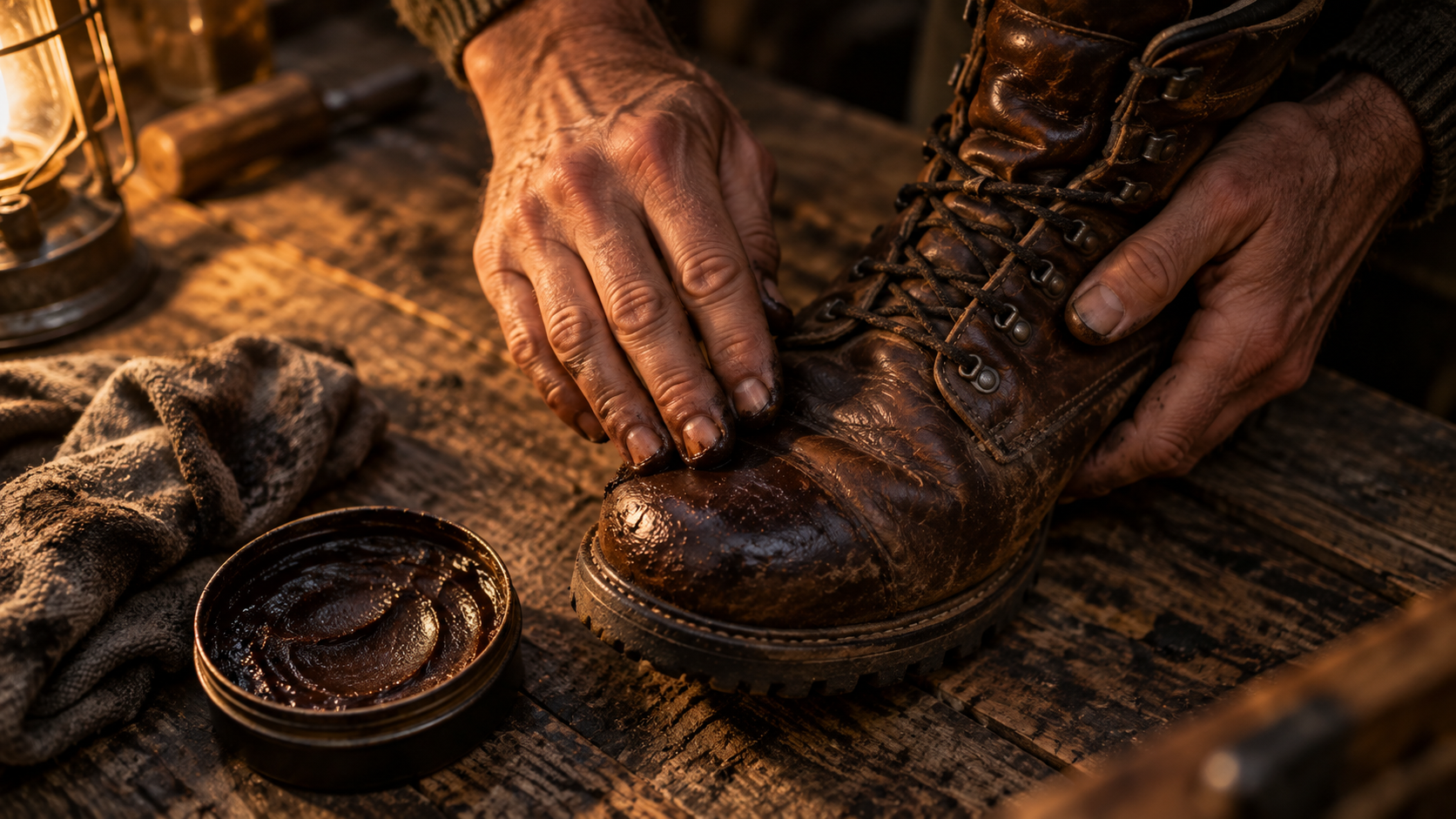 Hands working a thin coat of beeswax boot wax into leather by hand