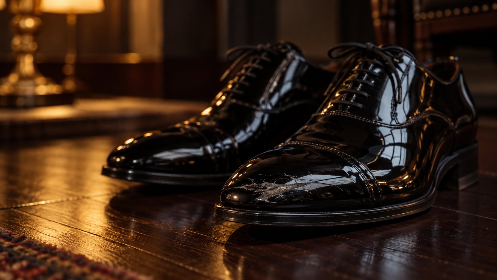 Black patent leather dress shoes showing a scuff mark across the toe