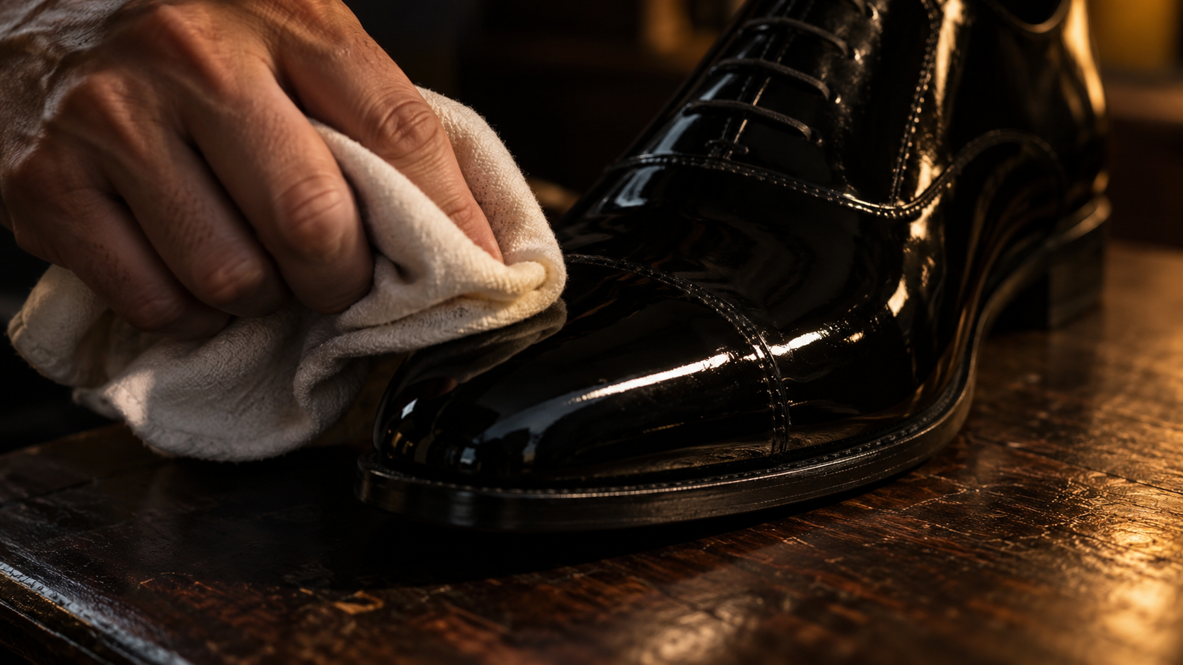 A soft cloth buffing a patent leather shoe back to a mirror shine