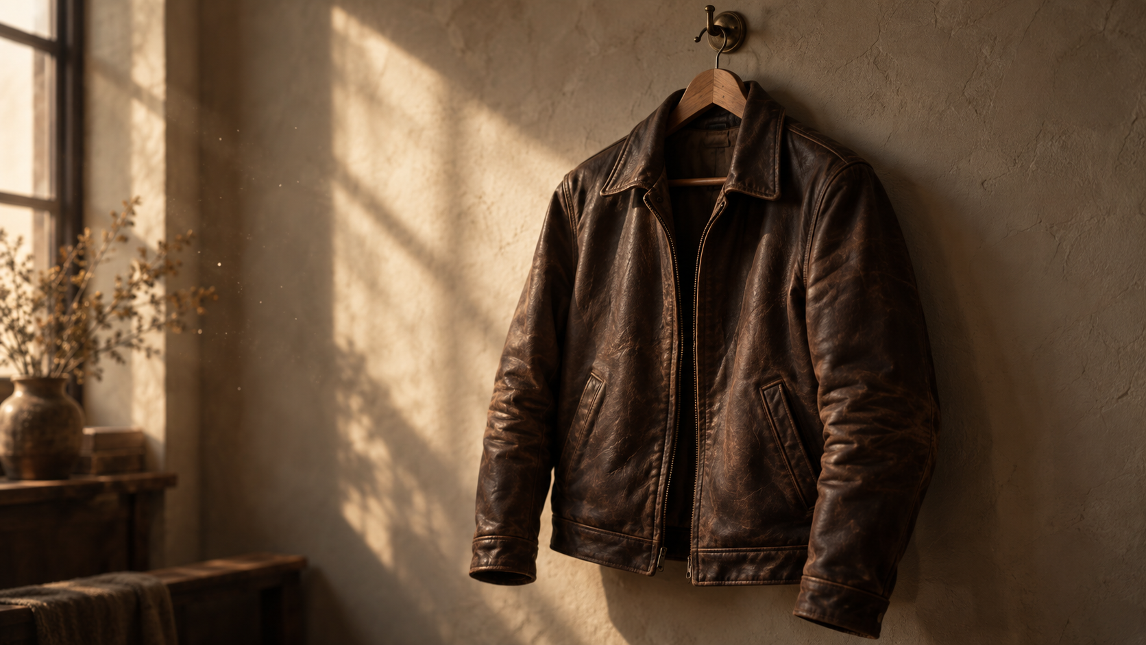 A dry brown leather jacket hanging on a wooden hanger in morning light