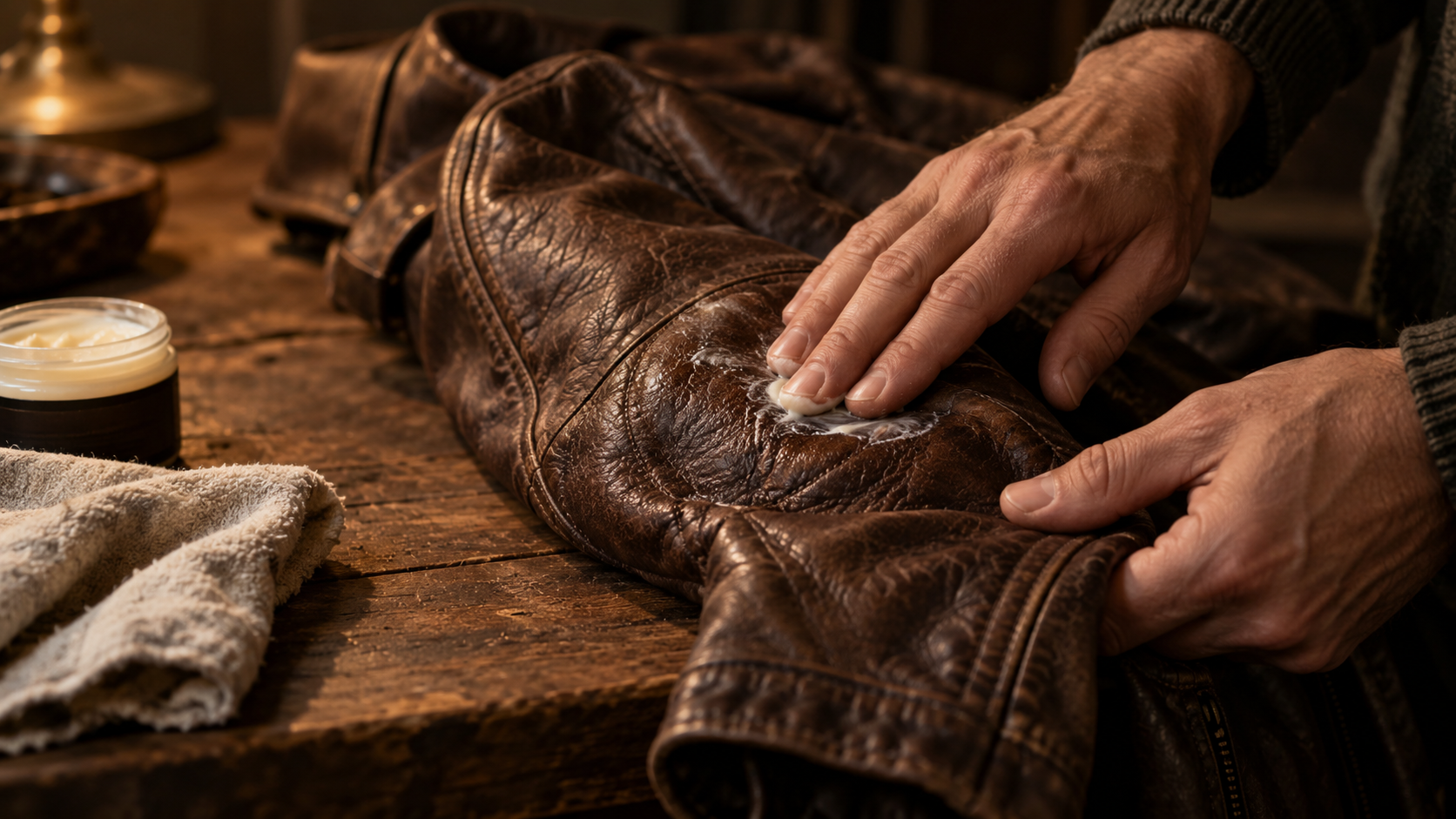 Hands working conditioning lotion into the elbow of a leather jacket