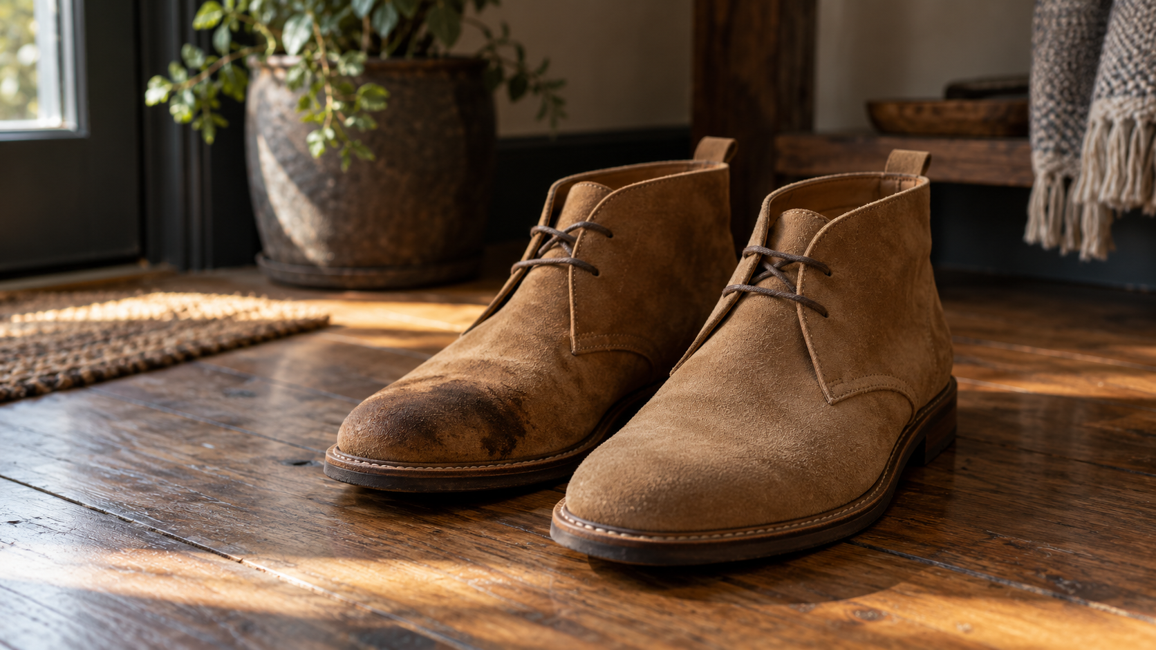 Tan suede chukka boots with a darkened, matted patch on one toe