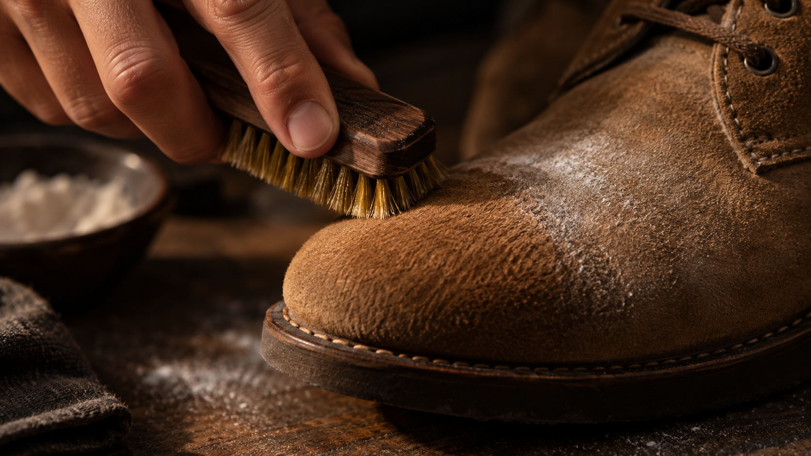 A brass suede brush lifting the nap back up on a tan suede boot